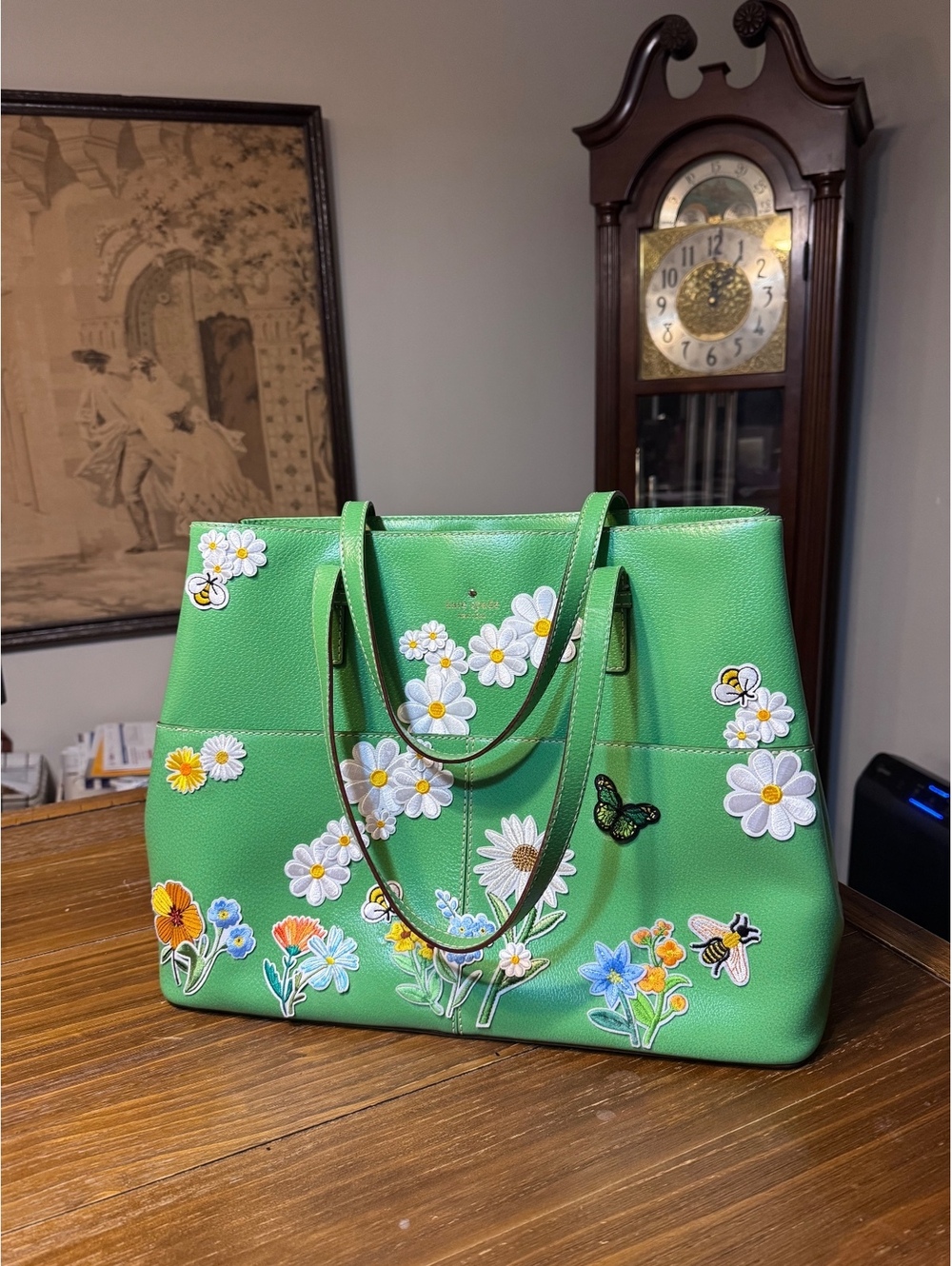 Kate Spade NY Green Leather Tote Bag Custom Floral Bee Butterfly OOAK PXRU3272 - Picture 1 of 14